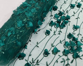 Hunter Green Glitter Tulle 3D Flower Lace Fabric Sequin, by the yard, for wedding dress Quinceañera 3D Floral glitter Tulle With Sequins