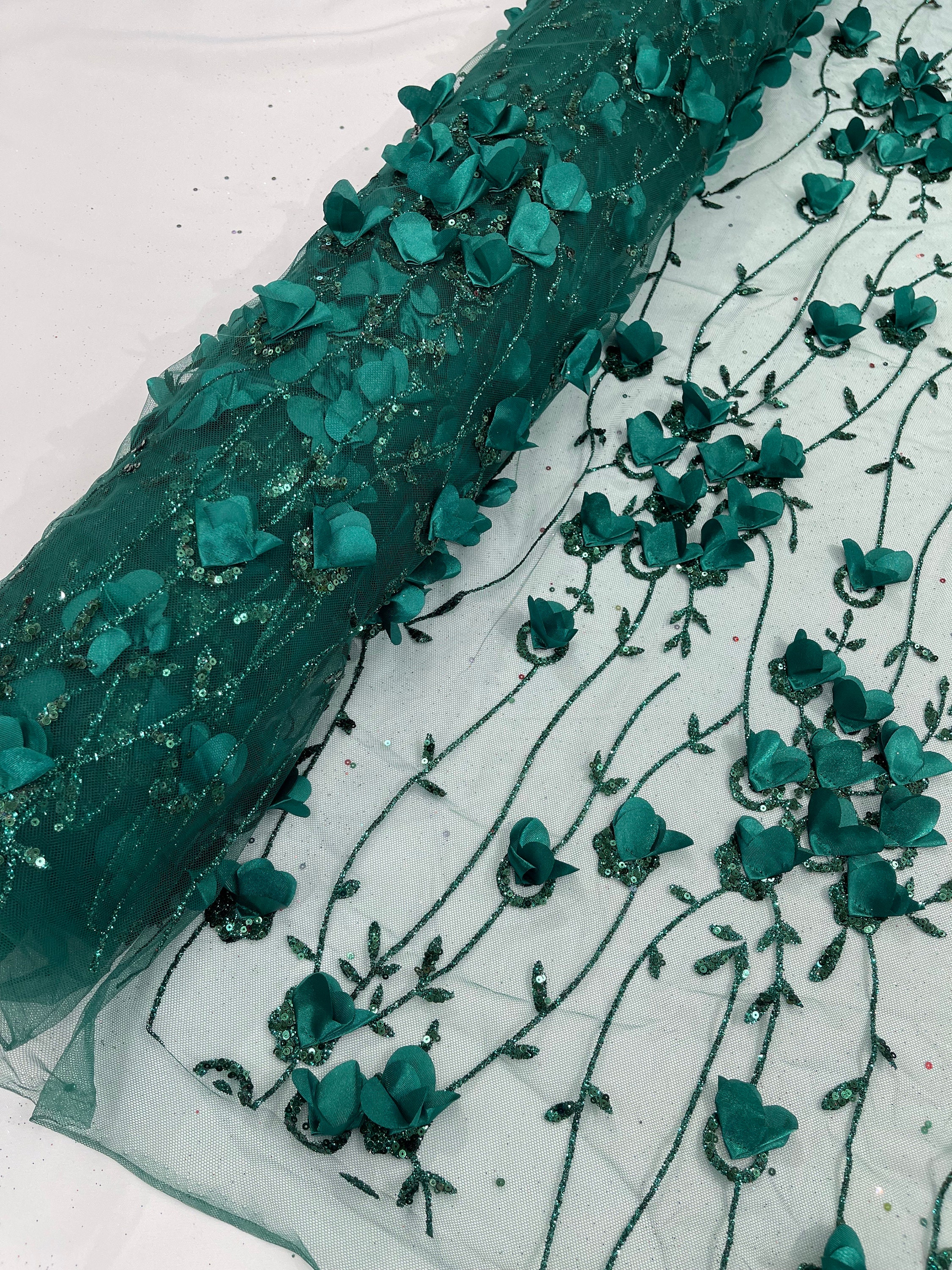Hunter Green Glitter Tulle Fabric: 3D Flower Sequin Lace, by the Yard ...