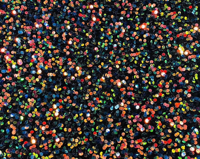 Multi Color Sequin on Black Stretch Velvet With Partial Luxury Sequins  5mm Shining Sequins 2-way Stretch 58/60” (Choose The Quantity)