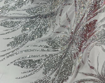 Silver Sequin Fabric: 4-Way Stretch Damask Design, Prom Gown Material