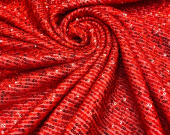 Red Mille Stripe Sequin Fabric, Stretch Mesh, Couture Gown Fabric