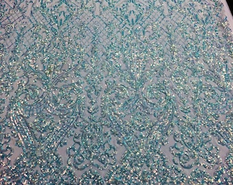Iridescent Sequin Damask Fabric: 4-Way Stretch Mesh, Prom Gown Material By The Yard