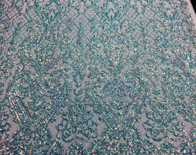 Clear Iridescent Sequin Geometric Damask Design - by the yard - 4 Way Stretch Sequins Fabric On Spandex Mesh-Prom-Gown
