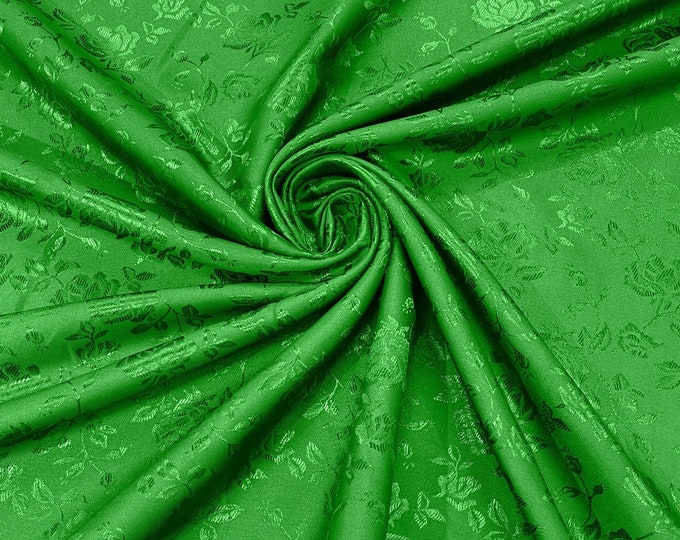 Neon Green Flower Brocade Jacquard Satin Fabric, Sold By The Yard Polyester Satin Floral Wide 58/60"  (Choose The Quantity)