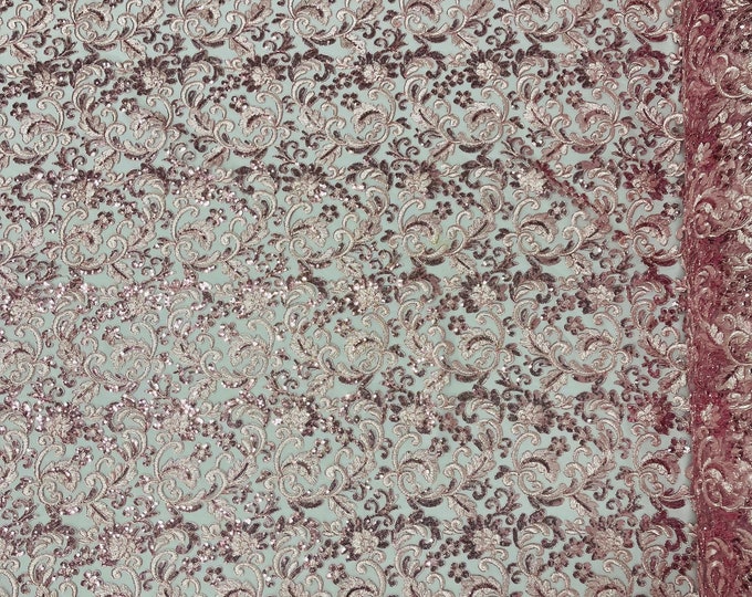Metallic Pink Floral Lace Fabric By The Yard, Embroidery With Sequins on a Mesh Lace Fabric, Corded sequins Lace
