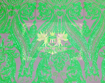 Neon Green Sequin Damask Fabric – 4-Way Stretch Spandex Mesh
