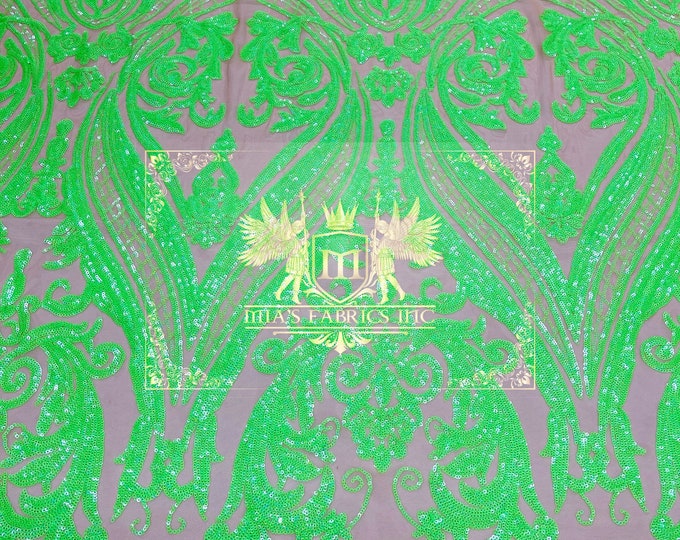 Neon Green Sequin on Skin Mesh - 4 Way Stretch Fancy Big Damask Design Sequins on Spandex Mesh Prom Gala Gown Fabric By The Yard