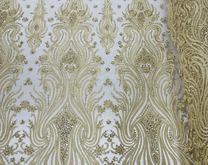 Beige Floral Design - by the yard - Beaded Fabric, Embroidered With Pearls and Beads on Mesh Lace Fabric