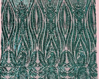 Teal Green Sequin Fabric on a Mesh - by the yard - Paisley Pattern on a 4 Way Stretch Shine Sequins Fabric Mesh-Prom-Gown