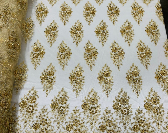 Gold Floral Cluster Beaded Fabric - Sold By The Yard - Embroidered Flower Beaded Fabric Wedding Bridal
