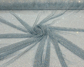 Iridescent Rhinestone Fishnet Fabric: Light Blue Stretch Spandex, Sold by the Yard