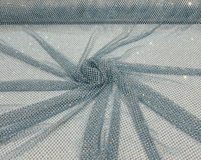Iridescent Rhinestones Fabric On Light Blue Stretch Net Fabric, Spandex Fish Net with Crystal Stones sold by the yard