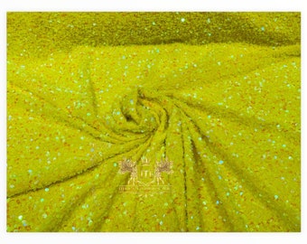 Yellow Iridescent Sequin Stretch Velvet Fabric: 5mm Luxury Sequins