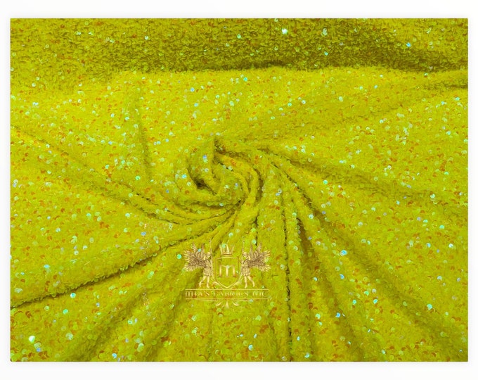 Yellow Iridescent Sequin on Stretch Velvet With Luxury Sequins Shining 4-Way Stretch Velvet (Pick a Size)