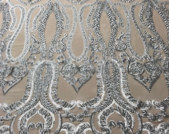 Matte Silver Sequins Damask Lace Fabric, Nude Mesh, Prom Gown