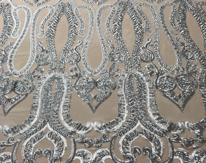 Matte Silver Sequins Lace Fabric On Nude Mesh, DAMASK Design Embroidered On 4 way Stretch Sequin By The Yard -Prom-Gown ( Choose The Size )