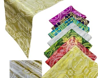 Beige Gold Cross Brocade: Religious Tablecloth Runner, Liturgical Vestment Fabric - By The Yard