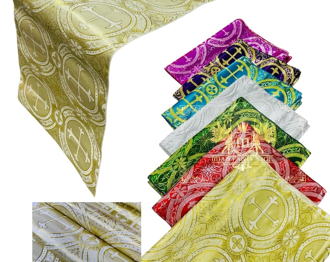 Beige Gold Religious Brocade Tablecloth | Liturgical Fabric | Runner Ecclesiastical Jacquard | Church | Vestment - Cross Brocade by Yard