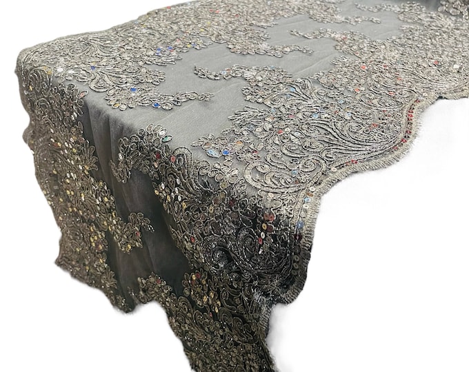 14”Wide Metallic Black Floral Lace Fabric For Runner, by the yard - Embroidery With Sequins on a Mesh Lace Fabric For Applications
