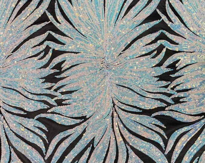 Iridescent Aqua Sequins - 4 Way Stretch Phoenix Wing Sequin Spandex Mesh Fabric for Prom Gala Gown Sold By Yard