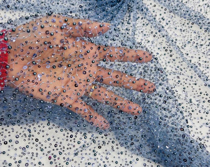 Coppen Blue Beaded Sequin Mesh Lace Fabric, Rain Design Embroidery By The Yard