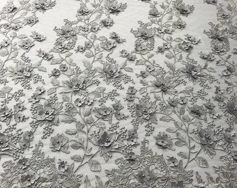 Silver 3D Floral Design Embroider and Beaded With Pearls On a Mesh Lace-Prom-Dresses-Nightgown-Apparel-Fashion By The Yard