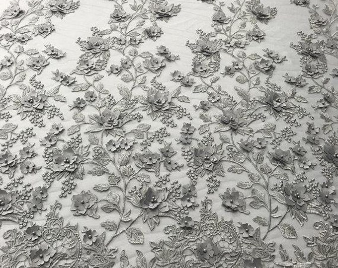 Silver 3D Floral Design Embroider and Beaded With Pearls On a Mesh Lace-Prom-Dresses-Nightgown-Apparel-Fashion By The Yard
