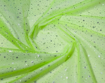 Lime Green Sheer Organza Fabric: Silver Foil Stars, 60" Wide by the yard