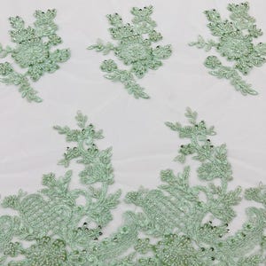 Sage Green Embroidery Beaded Fabric With Sequin on a Mesh, Beaded Fabric Floral Bridal Lace Fabric by the yard