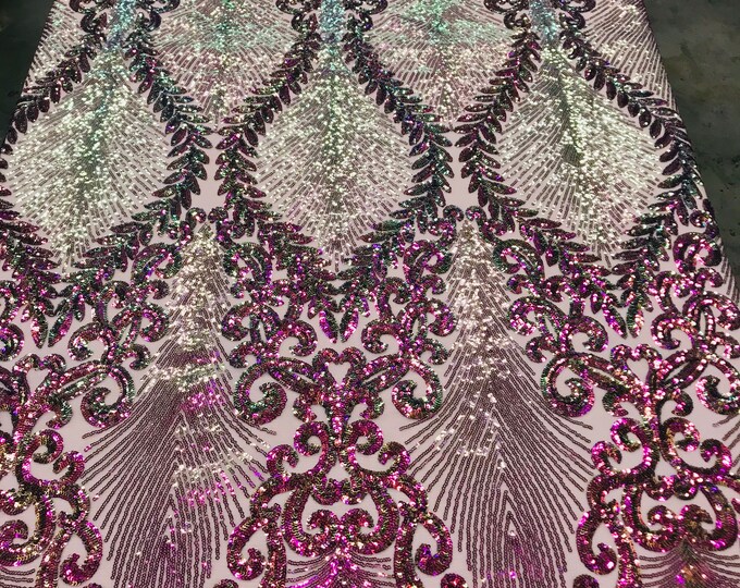 Purple/Green Iridescent Sequin Damask Design - by the yard - 4 Way Stretch Sequins Fabric On Spandex Mesh-Prom-Gown