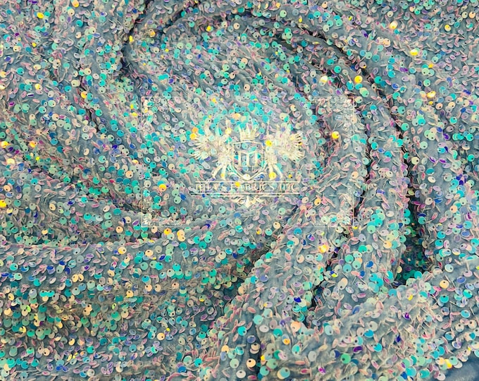 Blue Iridescent Sequin Fabric On Baby Blue Stretch Velvet by the yard (Pick a Size) Costume Craft Fabric - Sequins Velvet Fabric