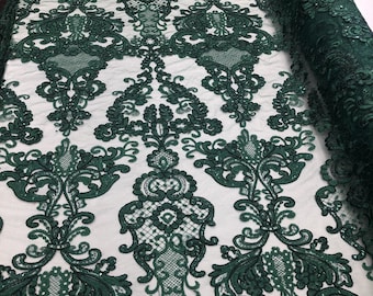 Hunter Green Lace Fabric, Corded Flower Embroidery With Sequins on a Mesh Lace Fabric By The Yard For Gown, Wedding-Bridal-Dress