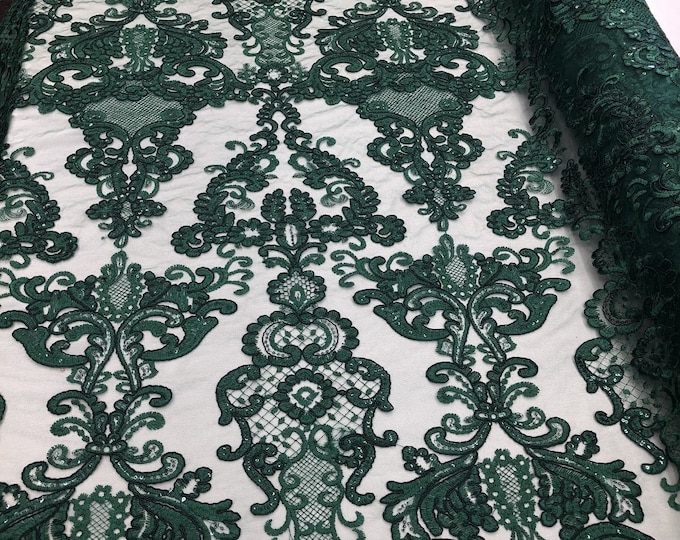 Hunter Green Lace Fabric, Corded Flower Embroidery With Sequins on a Mesh Lace Fabric By The Yard For Gown, Wedding-Bridal-Dress
