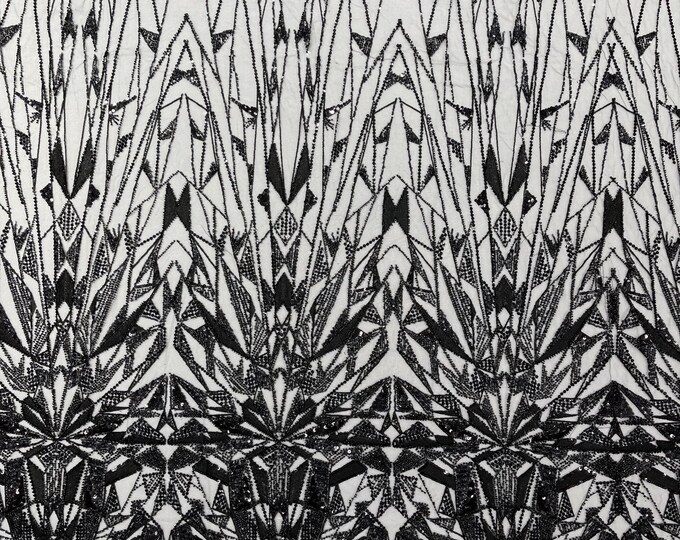 Black Beaded Fabric By The Yard, Luxury Geometric Design Beads and Sequins, Beaded Fabric Embroidered on a Mesh Lace,Wedding,Bridal,Dress