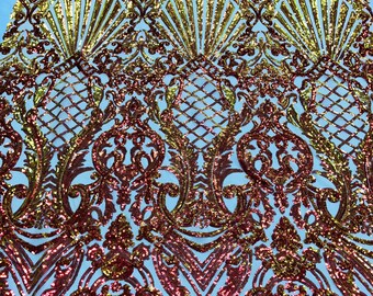 Orange Iridescent Sequin - by the yard - on Blush Mesh Damask Design on a 4Way Stretch Sequins Fabric Prom