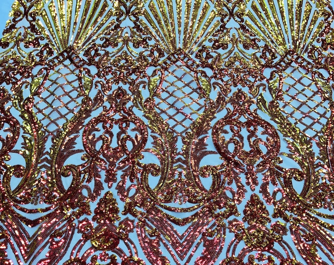 Orange Iridescent Sequin - by the yard - on Blush Mesh Damask Design on a 4Way Stretch Sequins Fabric Prom