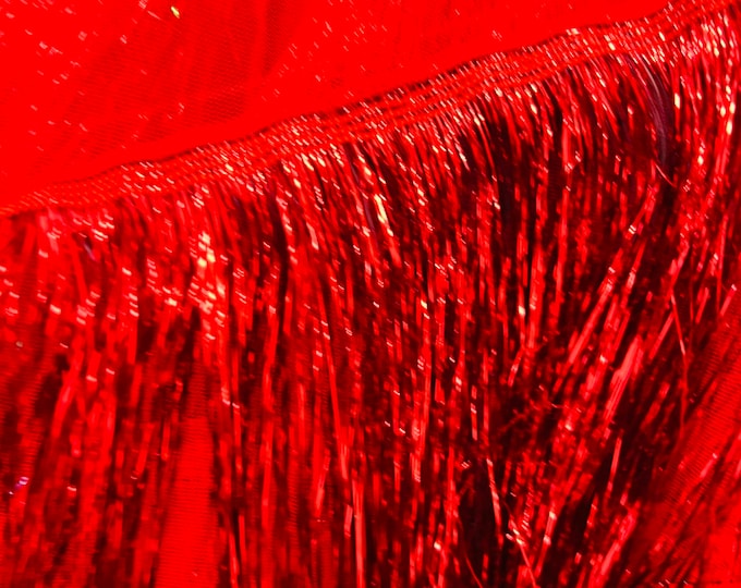 Red Metallic Eyelash Design on a Mesh By The Yard, eyelash fabric Embroidered on 2 Way Stretch Fancy Fringe ( Choose The Size )