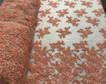 Peach Floral Beaded Lace Fabric: Embroidered Mesh, Bridal Gown Fabric