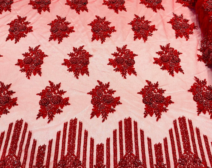 Red Beaded Fabric, Hand Embroidered Lace Bridal Floral On a Mesh Dress Fabric with Beads By The Yard
