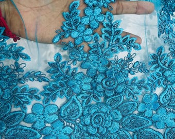 Teal 3D Flower Embroidery Lace Fabric, Corded Mesh, Bridal Wedding By The Yard