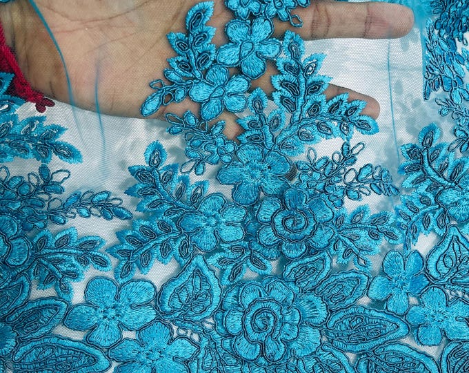 Teal 3D Flower Embroidery Lace Fabric By The Yard, Corded 3D Flower Embroidery Lace Fabric on a Mesh Lace Fabric For Wedding-Bridal