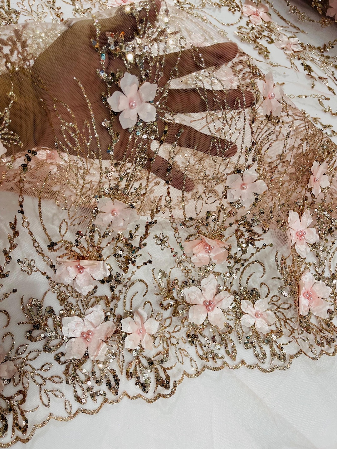 Rose Gold 3D Flower Sequin Fabric: Glitter Floral Mesh, Wedding Dress ...