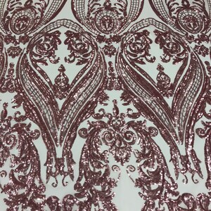 Pink Sequins  - 4 Way Stretch Fancy Big Damask Design Sequins on Spandex Mesh Prom Gala Gown Fabric By The Yard