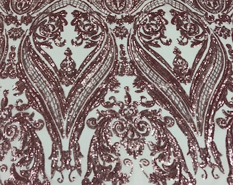 Pink Damask Sequins Fabric: 4-Way Stretch Spandex Mesh, Prom Gown Material