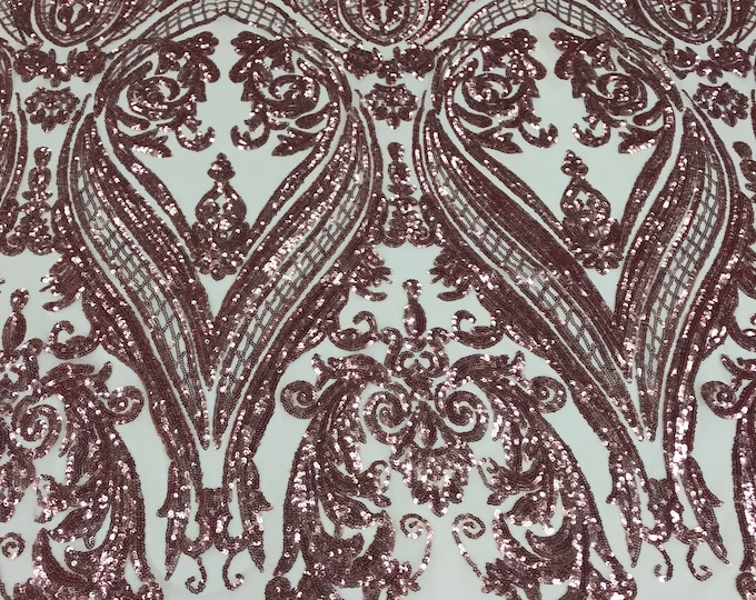 Pink Sequins  - 4 Way Stretch Fancy Big Damask Design Sequins on Spandex Mesh Prom Gala Gown Fabric By The Yard