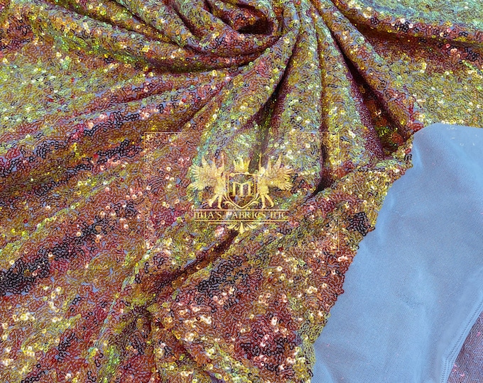 Orange Iridescent Mini Glitz Sequins on Nude Mesh 4 Way Stretch Sequin Fabric Dresses-Nightgowns-Prom Gown (Choose The Size)