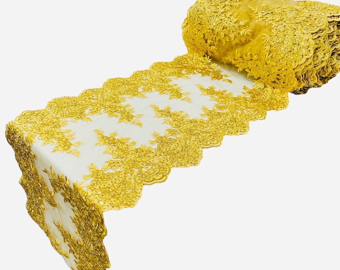 Gold Metallic Floral Lace Fabric For Runner by the yard, 15" Wide Metallic Corded Lace Embroidery With Sequins on a Mesh Lace Fabric
