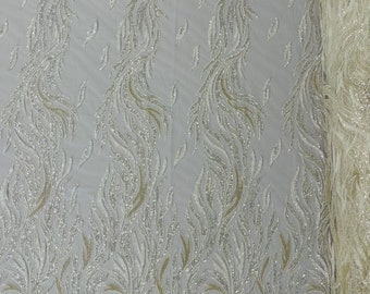 Ivory Beaded Lace Fabric: Embroidered Floral Sequin Mesh, Bridal Fabric