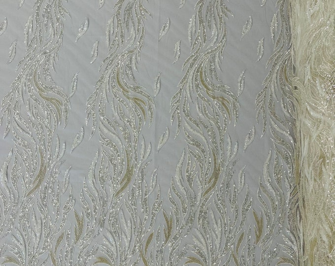 Ivory Beaded Fabric by the yard, Embroidered With Beaded Sequin on a Mesh, Floral Bridal Lace Fabric (Pick a size )