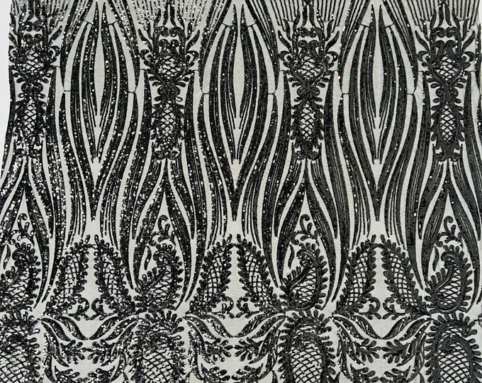 Black Sequin Fabric on a Mesh - by the yard - Paisley Pattern on a 4 Way Stretch Shine Sequins Fabric Mesh-Prom-Gown